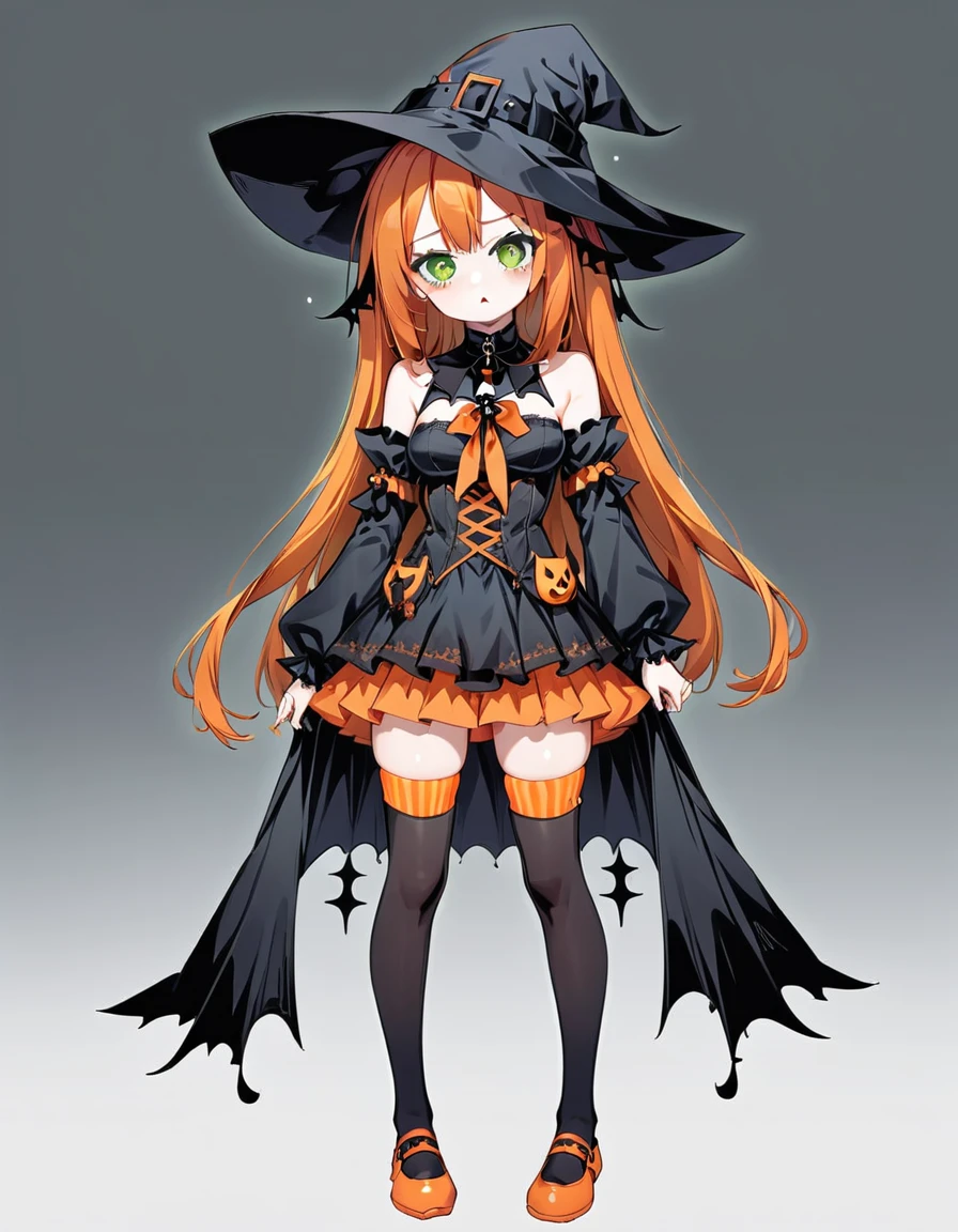 Cute girl, bright orange and dark black, thigh-high socks, gothic style, small bust, witch's clothes, simple background, front view, cowboy shot, standing, {{blushing}}, expressionless, {{loli}}, orange hair, yellow-green eyes