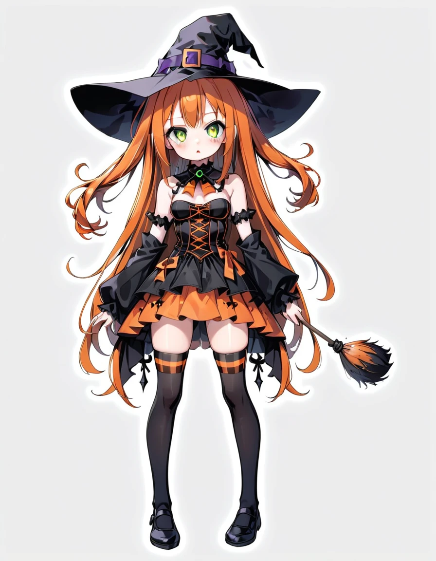 Cute girl, bright orange and dark black, thigh-high socks, gothic style, small bust, witch's clothes, simple background, front view, cowboy shot, standing, {{blushing}}, expressionless, {{loli}}, orange hair, yellow-green eyes