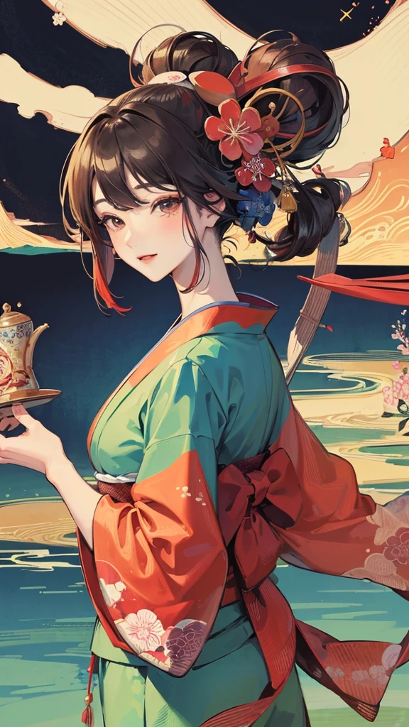 (Highest quality、masterpiece、High resolution、8K)、Vibrant colors、Ukiyo-e、Utamaro、The beauty of kimono、look back、bridge、river、Mount Fuji in the distance、Japanese style landscape、Official Art、
