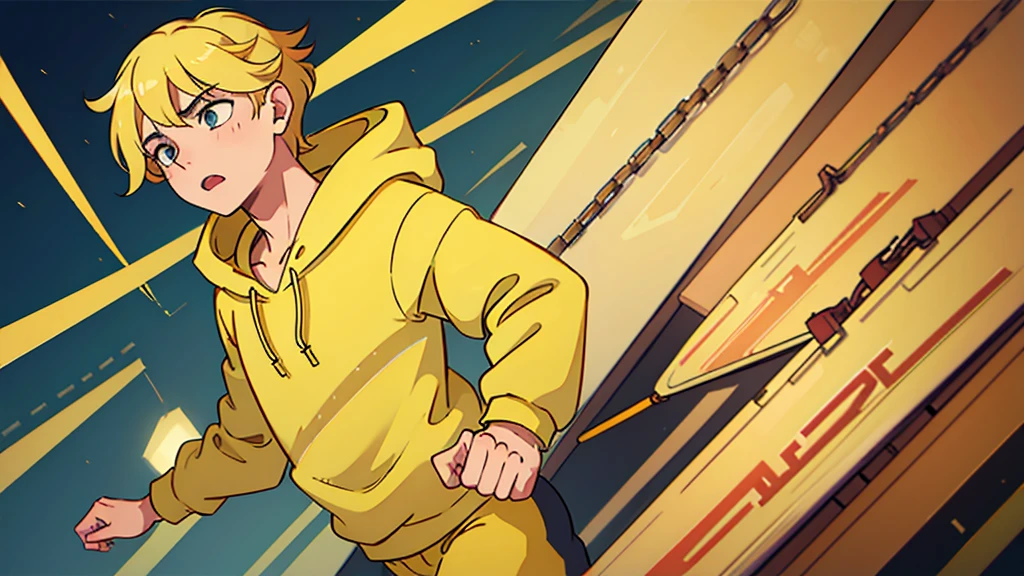 1 boy, yellow hair, wearing a yellow hoodie, running scared, high quality, 8k
