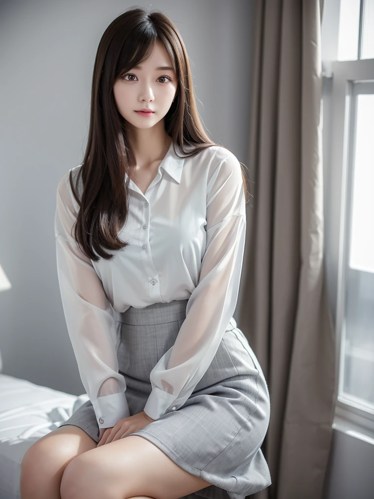 White Office、computer、Mid-length grey polyester skirt 、Chiffon blouse、(Highest quality)、((Very detailed))、4K、(8K)、masterpiece、Very detailedな、Highest quality、Super Resolution、1 person、Kind Face、Soft Light、RAW quality、Soft Skin、163cm、30 years old、From the knee up