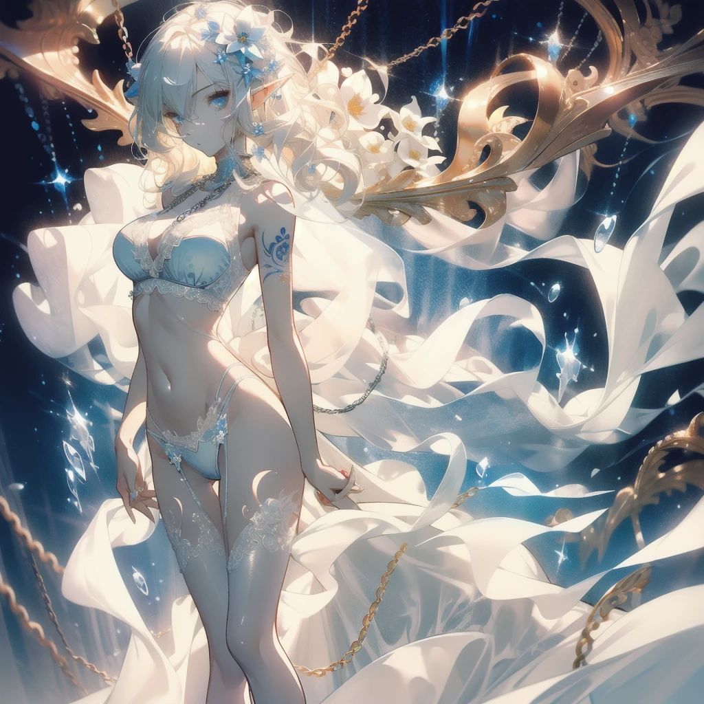 ((masterpiece, best quality)), Delicate face,Elf,Standing picture,whole body,Perfect body proportions,Long legs,Long wavy hair,beautiful eyes,Fantasy style,White background,Extremely beautiful,transparent,Pure white flower marriage,Sexy bikini,chain,Tattoo,Lace,exposed,