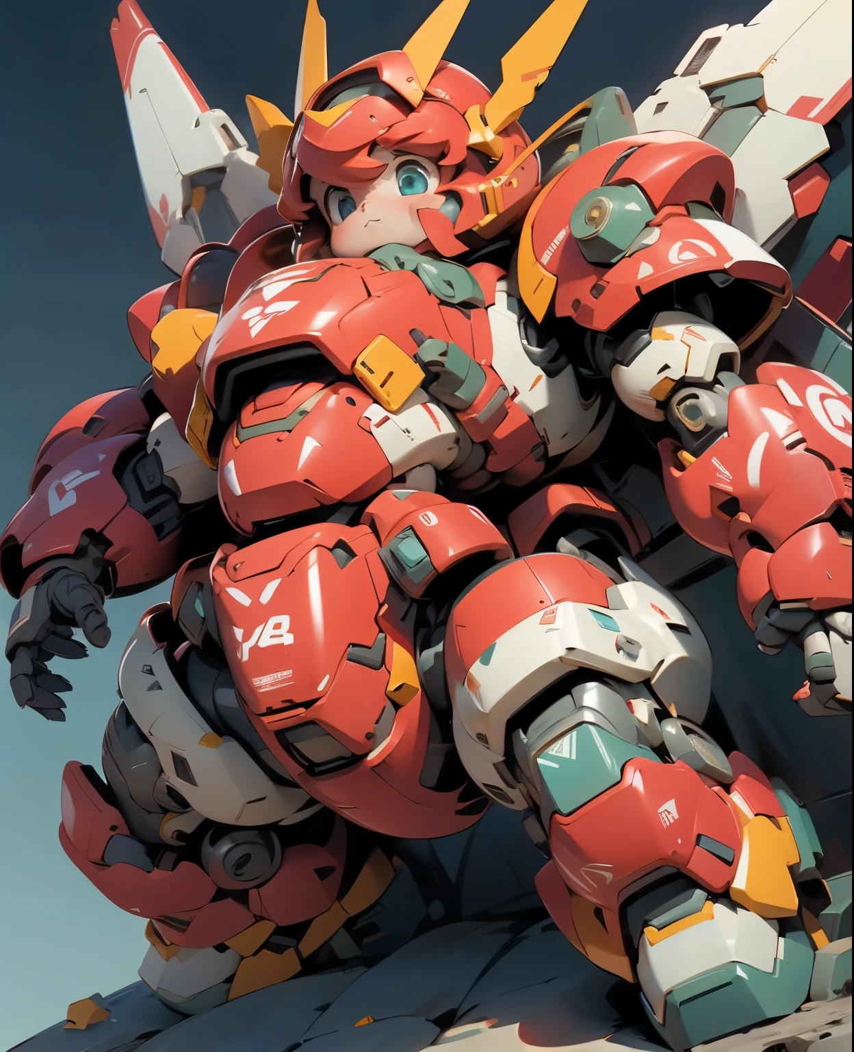 (((1 chibi girl in large red-colored robot costume, from below))), ssmile, (holding weapons), (chibi), (bulky:1.8), (((helmet:1.5))), large cute face, (((looking down:1.5))), mechanical parts, ((mechanical wings)), (full armor:1.8), (mecha armor:1.8), (shoulder guards:1.2),(huger arms), ((mechanical arms:1.5)), (short legs), (huger body:1.8), (heavy equipment:1.6), (from below), (headgear), blue sky, white clouds, robot joints, becoming a mecha, mecha, (RARS), (HRS), ROBOTANIMESTYLE, BJ_Cute_Mech,cute, girl BREAK ((masterpiece)), vibrant colors, 8k, best quality, ultra detailed illustration, ((best quality)), ((high resolution)), flawless skin textures, shiny oiled skin, extremely detailed anime eyes , extreme light and shadow