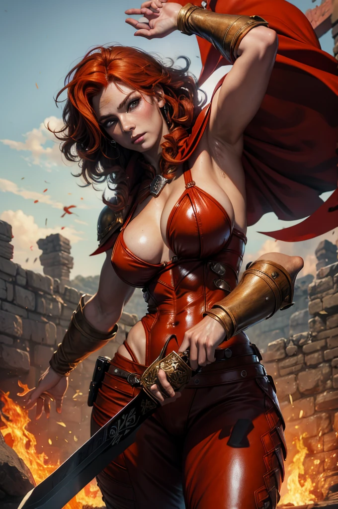 Beautiful barbarian warrior redhead orange curly hair muscular body perfect breasts leather pant armor leather red cape with fluff edge holding big sword detailed face would cheekbones blushing rendered image