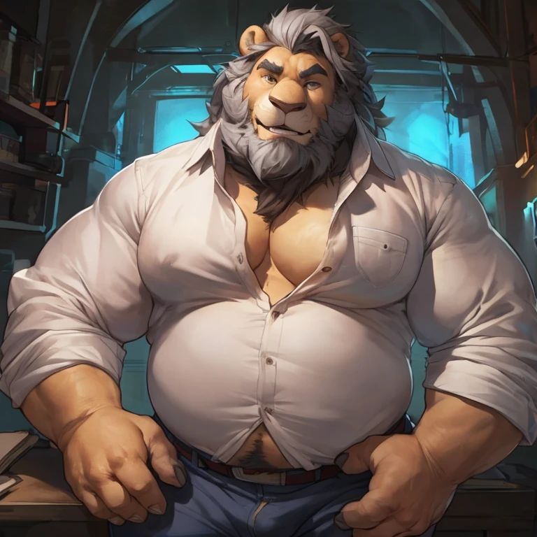 Chubby, fat, male  middle aged, anthro lion, thin beard, flirting  , big chest, dynamic light, opened Shirt, thick shirt ,Gray hair and beard, extremely hot and sexy, Daddy figure, hot daddy, boss, by darkgem, by zixiong, by glitter trap boy