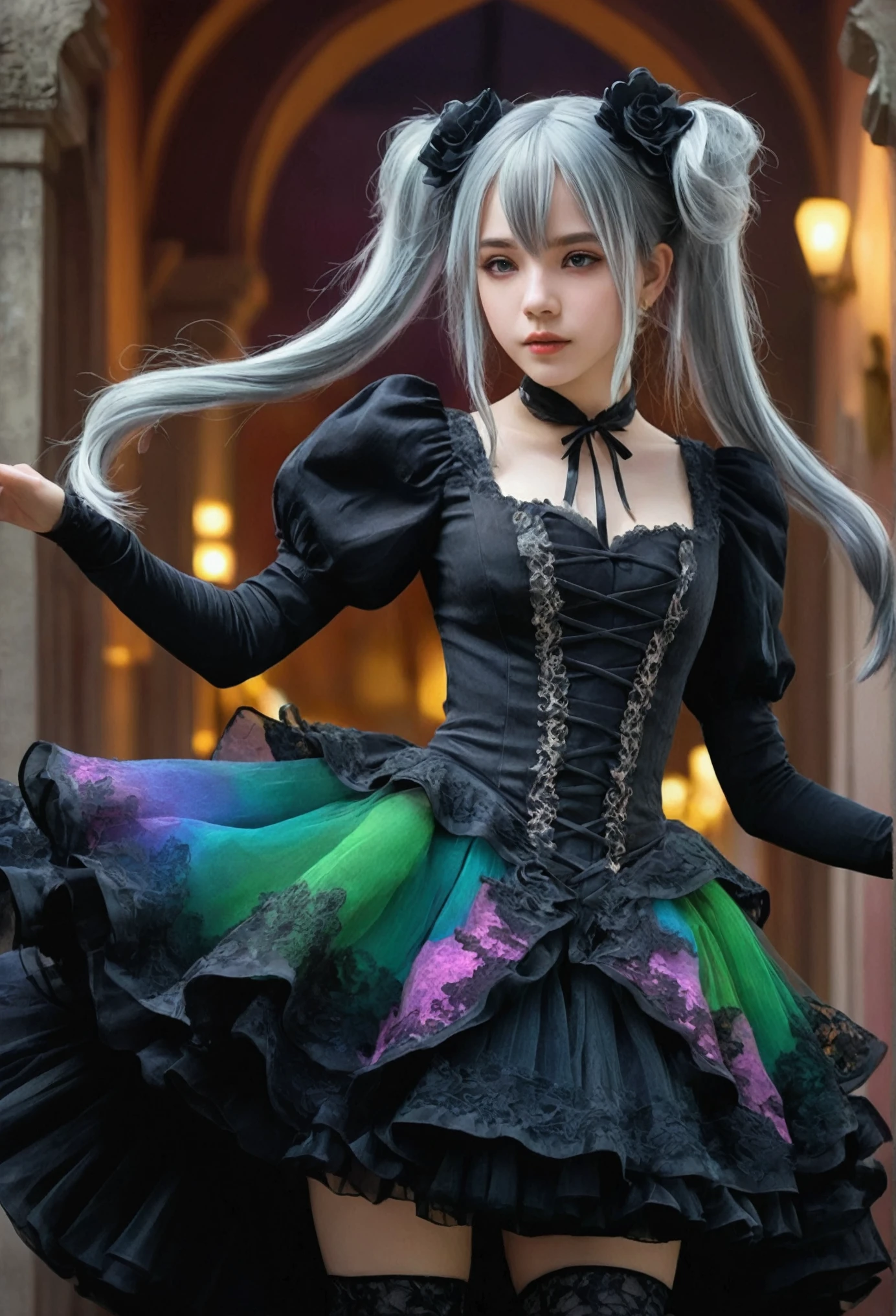 (One girl),Gothic,Twin tails,Gray Hair, Organza Lace,Gorgeous and elaborate clothes,Gothic, flight, green, (colorful), Bold, Gradient Blend, Motion Blur, Sparkling Texture, Dynamic configuration, Atmospheric perspective, Impressionist, , (masterpiece), (Highest quality), wonderful, (Beautiful attention to detail), (In detail), Depth of written boundary, Highly detailed CG, original, Highly detailed wallpaper, (Vibrant colors), Cinema Lighting, (colorful), blush,