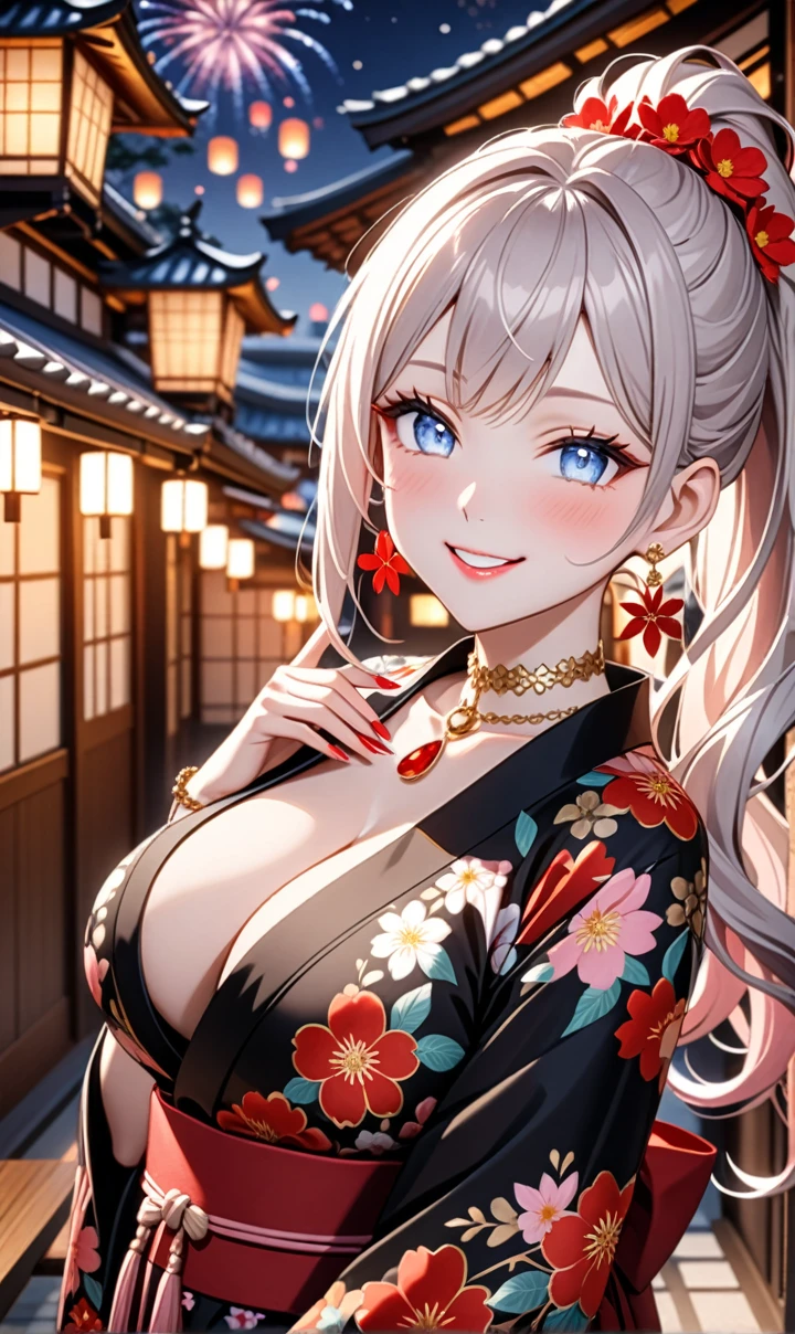 ultra-detailed, ((one girl)), (portrait), (pale skin:1.4), in pastel colors gyaru, (heavy makeup), (professional lighting), hyper detailed, absurdres, 8K, Beautiful Face, (Laugh shyly), ((teasing smile:1.8)), ((Wink:1.7)), (Laugh with your mouth wide open),((Tilt your face:1.6)), View your viewers, ((Bright red cheeks:1.6)),Glossy Red Lips, ((huge breast:1.5)), ((undressing:1.2)), night, I see fireworks, Luxury Ryokan, ((Anime style background)),masterpiece, Highest quality, so beautiful,Latest, Complex details, (Pink long nails), (nail art), (ring),(bracelet), (Floral Choker),AI-generated, Complex,High resolution, Highest quality, super high quality,3D Images、3D Images,One person,Pastel silver long hair,(High Ponytail), (wavy hair:1.3), Pastel anime woman posing for a photo, ((Fine grain、blue eyes、glowing eyes:1.4)), (Squint your eyes:1.1), (one eye closed:1.2), a hyperRealistic , hyperRealistic , Realistic,Anime woman with long pastel white hair, Smooth anime CG art, A girl in a gorgeous black kimono, ((Black long-sleeved kimono)),(Large red floral pattern), Golden embroidery, (sideboob), Long flower hair ornament,Floral Earrings, Mature Body, tall,Narrow waist, (from front),