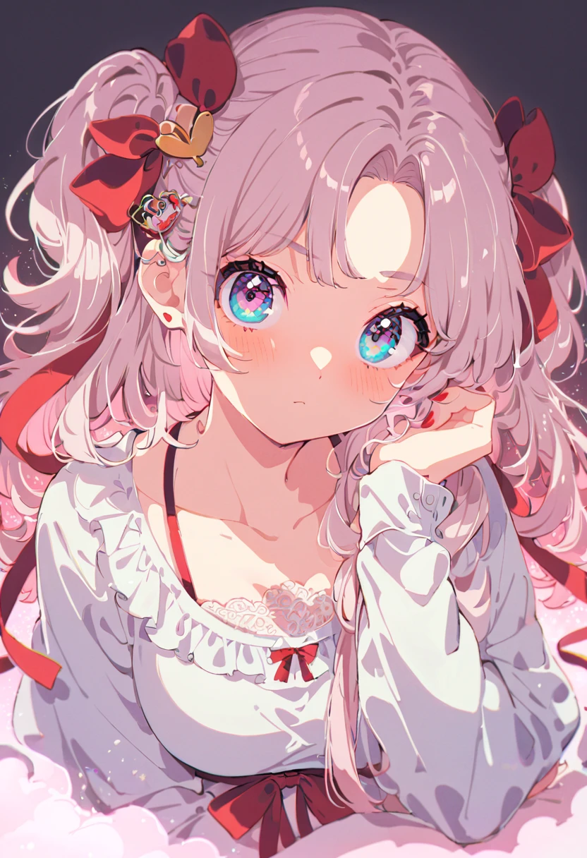 There is a doll with pink hair and white hair in a white coat, ulzzangs, kawaii hair style, pink twintail hair and cyan eyes, kawaii hair style, cute girl with short pink hair, pale red, pink hair covered with hairpins, wearing pink hair bow, pink and red color style, fluffy fox ears, kawaii aesthetic, with pink hair