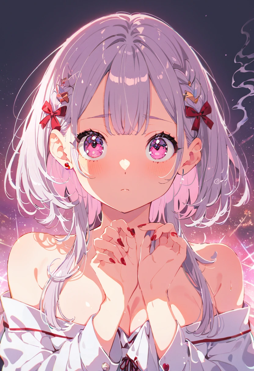 Alisa Mikhailovna Kujo,tomorrow, A friend of mine, There is, Planning a visit to Russia.、(Perfect Face, Detailed face, Beautiful Eyes,Perfect hands,Perfect Fingers)、Red face、((vapor))、hot、Maternal, feet, alone, 1 girl, Silver Hair,Long Hair, Red ribbon hair ornament,Thin hair ornament、Big eyes, Blushed、Dirty Face、Expressionless、 (masterpiece:1.2, Highest quality), (細かくてBeautiful Eyes: 1.2), (Beautiful and dense face), (Sharp facial hair between the eyes)、Underwear is visible、12 years old, grinding, Transparent panties、Large Breasts、Neon lighting、look up