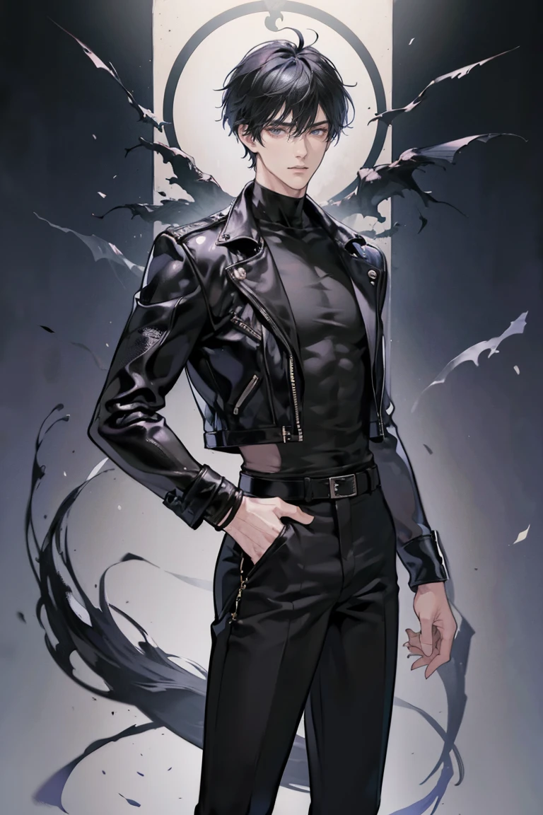 anime - (masterpiece), best quality, seductive eyes, mature face, black eyes, short messy back black haircut, plain black t shirt, black leather jacket, black pants, tall man, long legs, masculine, broad shoulders, adult-like, full body, bad boy, he's holding a sculpture with his right hand, the background is just purple flashes all around him 

