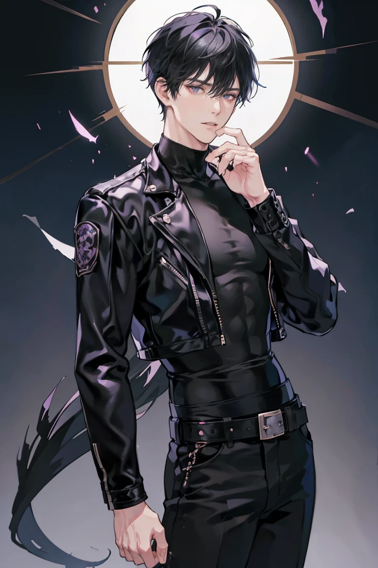 anime - (masterpiece), best quality, seductive eyes, mature face, black eyes, short messy back black haircut, plain black t shirt, black leather jacket, black pants, tall man, long legs, masculine, broad shoulders, adult-like, full body, bad boy, he's holding a sculpture with his right hand, the background is just purple flashes all around him
