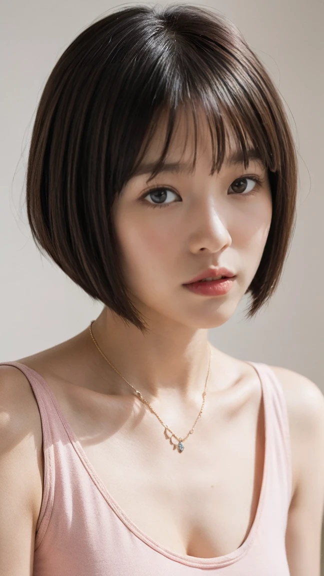 Short brown hair in a bob cut、bangs、big expressive eyes、Smooth Skin、She wore a pale pink tank top and a delicate necklace.、Warm tones、High quality and detailed rendering of a young Asian woman portrait。