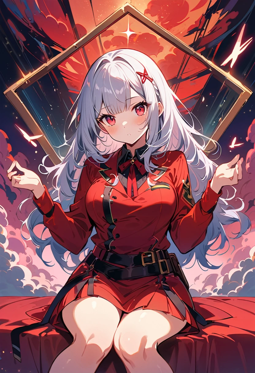 Alisa Mikhailovna Kujo,tomorrow, A friend of mine, There is, Planning a visit to Russia.、(Perfect Face, Detailed face, Beautiful Eyes,Perfect hands,Perfect Fingers)、Red face、((vapor))、hot、Maternal, feet, alone, 1 girl, Silver Hair,Long Hair, Red ribbon hair ornament,Thin hair ornament、Big eyes, Blushed、Dirty Face、Expressionless、 (masterpiece:1.2, Highest quality), (細かくてBeautiful Eyes: 1.2), (Beautiful and dense face), (Sharp facial hair between the eyes)、Underwear is visible、12 years old, grinding, Transparent panties、Large Breasts、Neon lighting、look up、whole body、I can see two o'clock