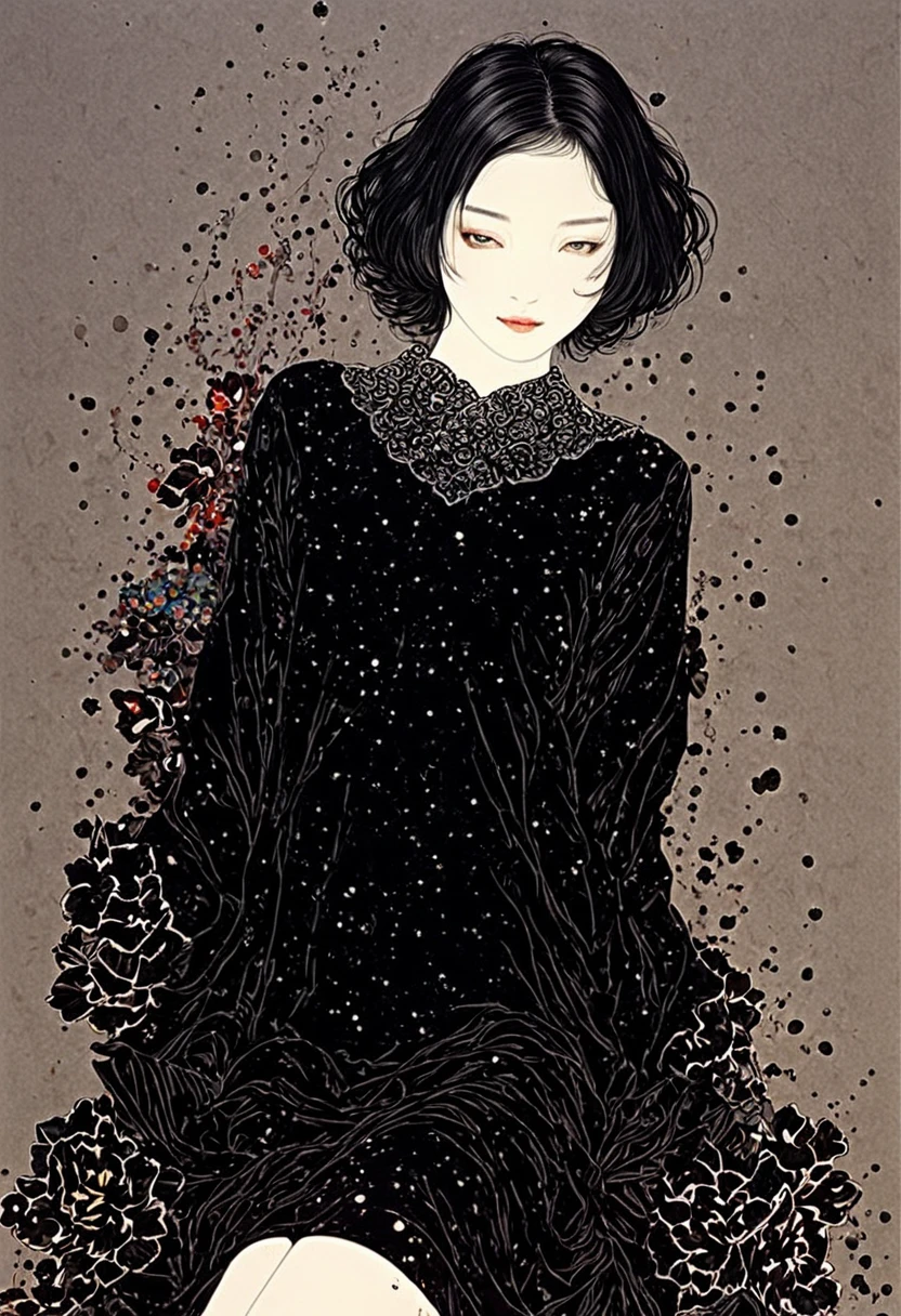 Line art、virgin、Splattered、Crazy Smile、Falling Flowers、takato yamamoto style、Black Dress