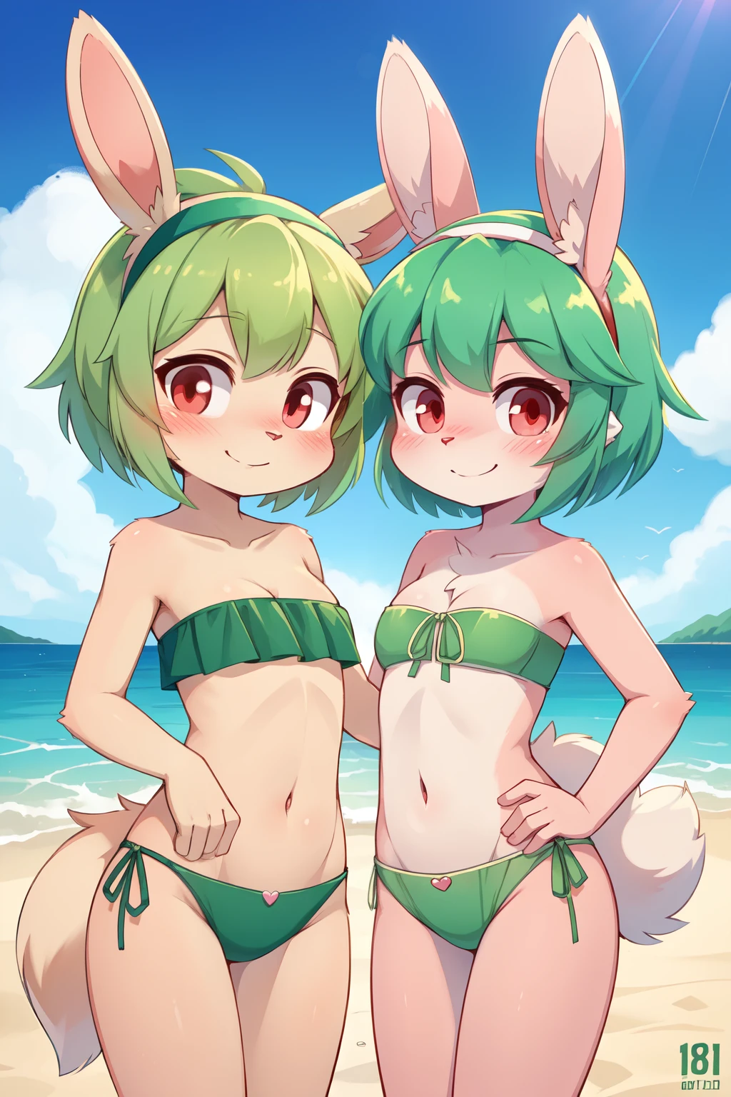 score_9,score_8_up,score_7_up, source_cartoon, source_furry, rabbit girl, rabbit tail, Green hair, short hair, long side hair, furry, blush, looking at viewer, smile, 2 girl, rabbit ears, furry female, Pink skin, pink fur, light beige fur, two-tone body, two-tone fur, ((hairband, bright green strapless fringed bandeau bikini)), beach, clear sky, blush, looking at viewer, standing, red eyes, anthro, small breasts, cheek tuft, eyelashes, eyelids, facial tuft, navel, uperbody, cute, multiple girls, two girls, Big Friends,