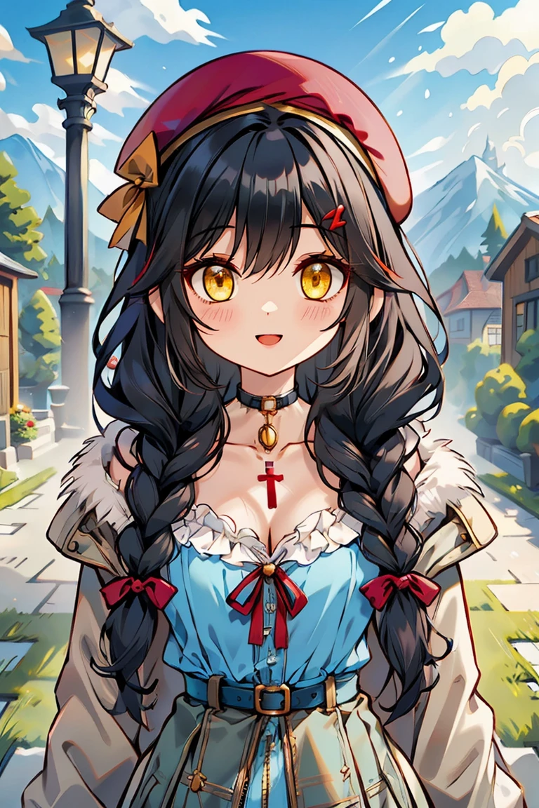 (masterpiece:1.2), (high quality:1.2), girls with((1girl, solo, black hair, yellow eyes, smiling, (wavy long hair, wearing a red beret, hairclips, braids:1.45), blush, breasts, choker, cleavage, coat, cowboy shot, navy lace dress, camisole, ribbon waist belt, black ribbon belt, red bow, red ribbon, neck ribbon, collar, collarbone, rosary, rosary choker, cross, fur, fur trim, parka, khaki hoodie, green hoodie, khaki jacket, hood down, hooded coat, hooded jacket, hoodie, jacket, large breasts, long sleeves, medium breasts, open clothes, open coat,open hoodie, sleeveless, winter clothes, zipper, cleavage, upper body, hand up, waving, palm)), background with((architecture, blue sky, bush, castle, village, no humans, cloud, cloudy sky, day, field, garden, grass, hill, house, lamppost, landscape, mountain, mountainous horizon, nature, no humans, outdoors, scenery, shrine, sky))