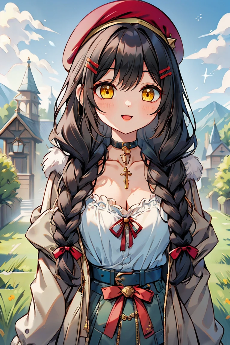 (masterpiece:1.2), (high quality:1.2), girls with((1girl, solo, black hair, yellow eyes, smiling, (wavy long hair, wearing a red beret, hairclips, braids:1.45), blush, breasts, choker, cleavage, coat, cowboy shot, navy lace dress, camisole, ribbon waist belt, black ribbon belt, red bow, red ribbon, neck ribbon, collar, collarbone, rosary, rosary choker, cross, fur, fur trim, parka, khaki hoodie, green hoodie, khaki jacket, hood down, hooded coat, hooded jacket, hoodie, jacket, large breasts, long sleeves, medium breasts, open clothes, open coat,open hoodie, sleeveless, winter clothes, zipper, cleavage, upper body, hand up, waving, palm)), background with((architecture, blue sky, bush, castle, village, no humans, cloud, cloudy sky, day, field, garden, grass, hill, house, lamppost, landscape, mountain, mountainous horizon, nature, no humans, outdoors, scenery, shrine, sky))