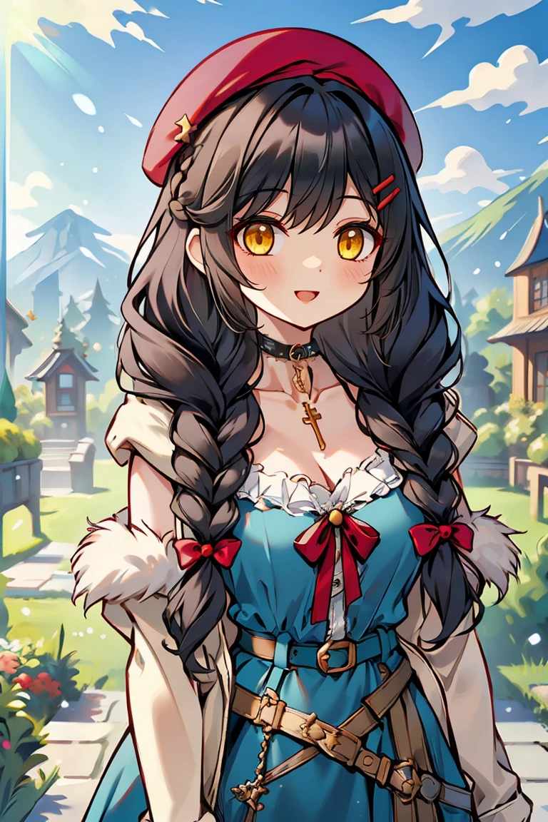 (masterpiece:1.2), (high quality:1.2), girls with((1girl, solo, black hair, yellow eyes, smiling, (wavy long hair, wearing a red beret, hairclips, braids:1.45), blush, breasts, choker, cleavage, coat, cowboy shot, navy lace dress, camisole, ribbon waist belt, black ribbon belt, red bow, red ribbon, neck ribbon, collar, collarbone, rosary, rosary choker, cross, fur, fur trim, parka, khaki hoodie, green hoodie, khaki jacket, hood down, hooded coat, hooded jacket, hoodie, jacket, large breasts, long sleeves, medium breasts, open clothes, open coat,open hoodie, sleeveless, winter clothes, zipper, cleavage, upper body, hand up, waving, palm)), background with((architecture, blue sky, bush, castle, village, no humans, cloud, cloudy sky, day, field, garden, grass, hill, house, lamppost, landscape, mountain, mountainous horizon, nature, no humans, outdoors, scenery, shrine, sky))