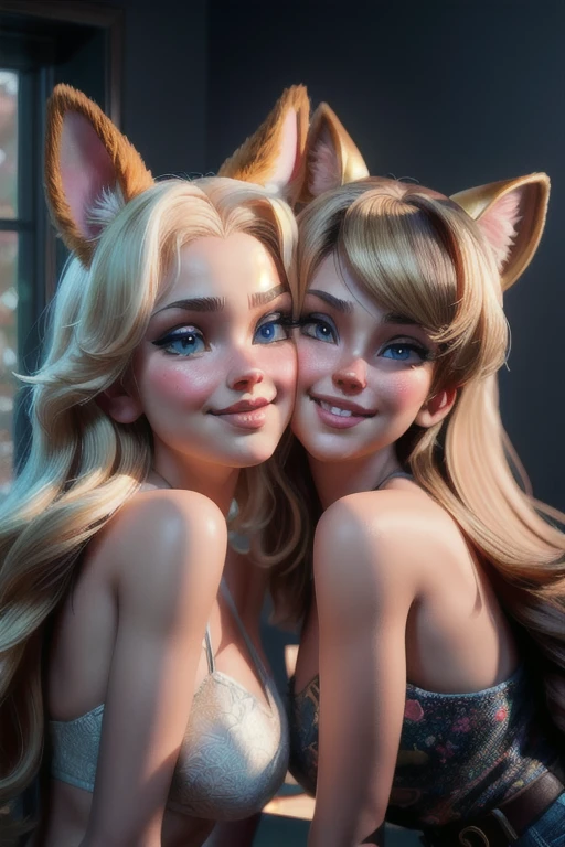 pumasisters, 2girls, big hair, blonde hair, animal ears, blush, smile, BREAK,
 (((kissingcheek))), kissing cheek,   masterpiece, best quality, hyperrealistic, extremely detailed, highly quality, 4k, sharp focus, professional photograph, sharp focus, award winning, cinematic lighting, octane render, unreal engine, volumetrics dtx, Wallpaper,