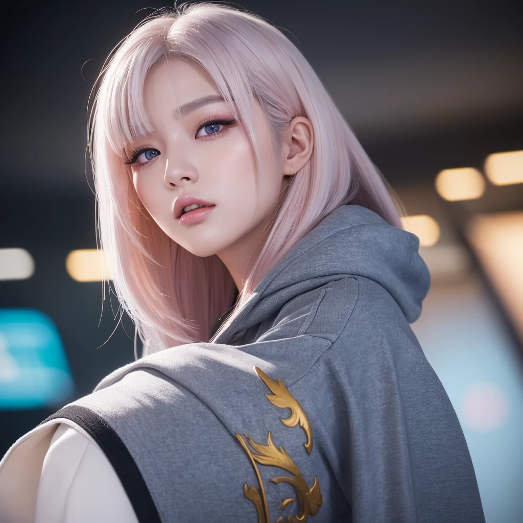 a 21 year old beautiful korean girl, long white hair in short bob, elegant and brutalist design, dynamic cowboy pose, extremely detailed beautiful eyes of random colors, thin lips, pale pink blush, long eyelashes, beautiful double eyelids, eye shadow, bright room, wearing big hoodie and hot pants, diagonal above angle, sexy pose, (best quality,4k,8k,highres,masterpiece:1.2),ultra-detailed,(realistic,photorealistic,photo-realistic:1.37),HDR,UHD,studio lighting,ultra-fine painting,sharp focus,physically-based rendering,extreme detail description,professional,vivid colors,bokeh