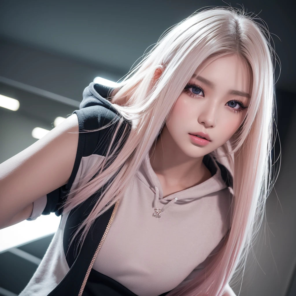 a 21 year old beautiful korean girl, long white hair in short bob, elegant and brutalist design, dynamic cowboy pose, extremely detailed beautiful eyes of random colors, thin lips, pale pink blush, long eyelashes, beautiful double eyelids, eye shadow, bright room, wearing big hoodie and hot pants, diagonal above angle, sexy pose, (best quality,4k,8k,highres,masterpiece:1.2),ultra-detailed,(realistic,photorealistic,photo-realistic:1.37),HDR,UHD,studio lighting,ultra-fine painting,sharp focus,physically-based rendering,extreme detail description,professional,vivid colors,bokeh