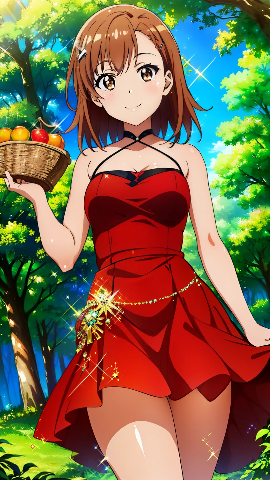 (masterpiece, best quality, 8k:1.2),Very detailed, (anime:1.1), misaka_mikoto, brown hair, medium hair, hairpin, 16 years old, medium breasts, 1girl, (RedHoodWaifu, (sparkly dress, shiny dress, thighs, smiling), fruit basket, in the forest), Cowboy shot, looking at viewer,