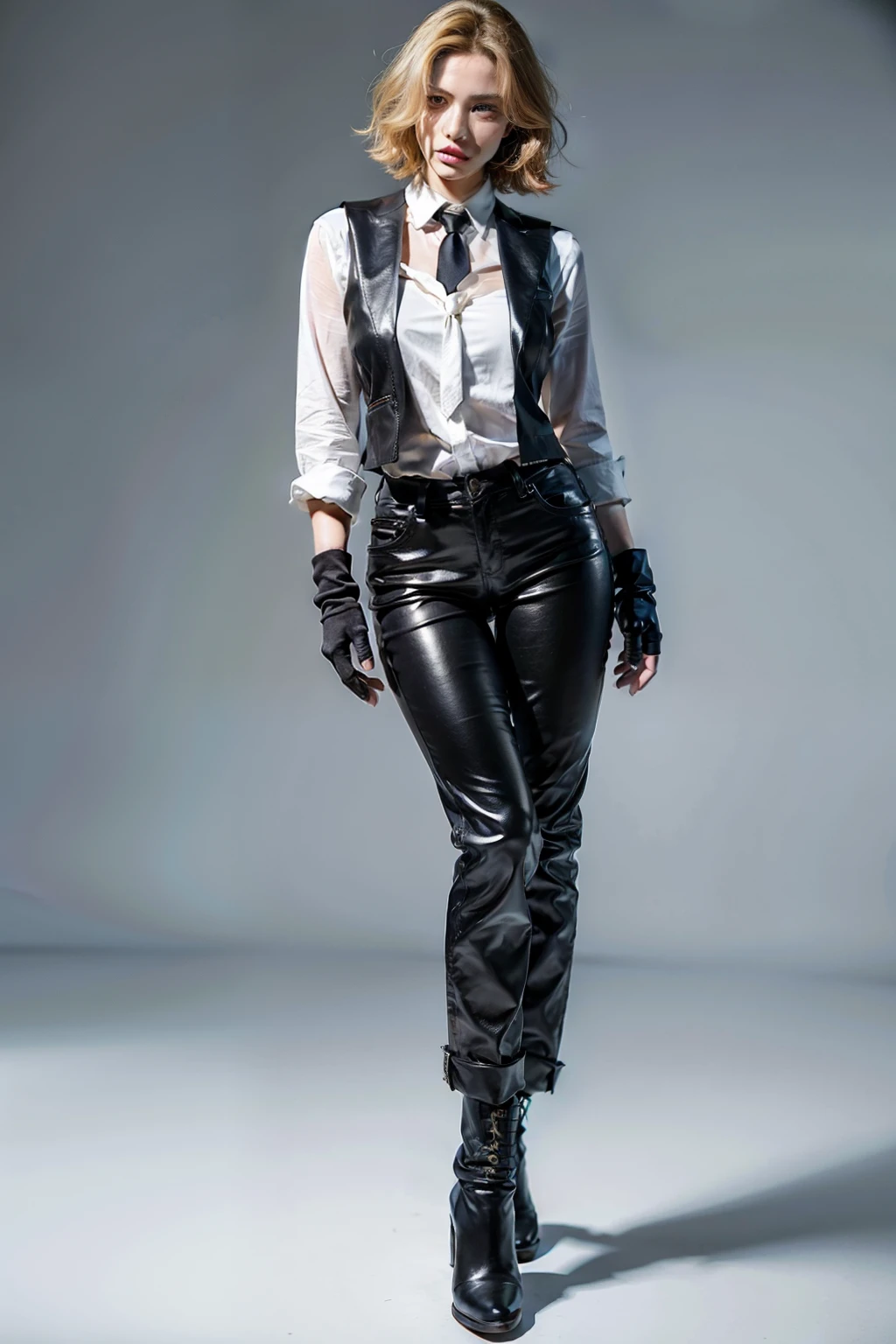 (white background:1.2),(full body:1.2),(photo realist: 1.2), (hiper realist: 1.2), (realistic: 1.2), (smoother lighting: 1.2), (Improve the quality of movie lighting: 1.2), (RAW photo:1.2), (better quality:1.2), (beauty:1.2), (masterpiece:1.2), (Physically based rendering:1.2), (ultra high resolution:1.2), (best quality:1.2),(standing:1.2),(short blonde hair:1.2), (ember eye color:1.2),(brown leather vest:1.2), (white shirt:1.2),(black necktie:1.2), (black leather long pants:1.2), (ankle boots:1.2),(fingerless gloves:1.2), (big breast:1.2),(sexy:1.2)