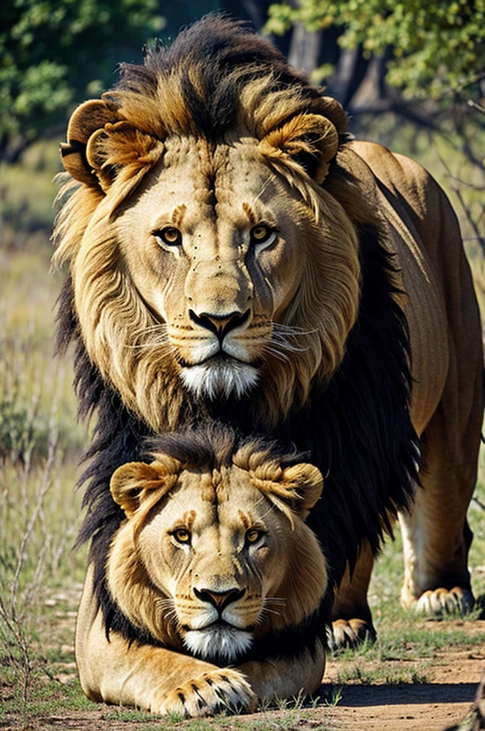 A lion with a wild bear behind him 