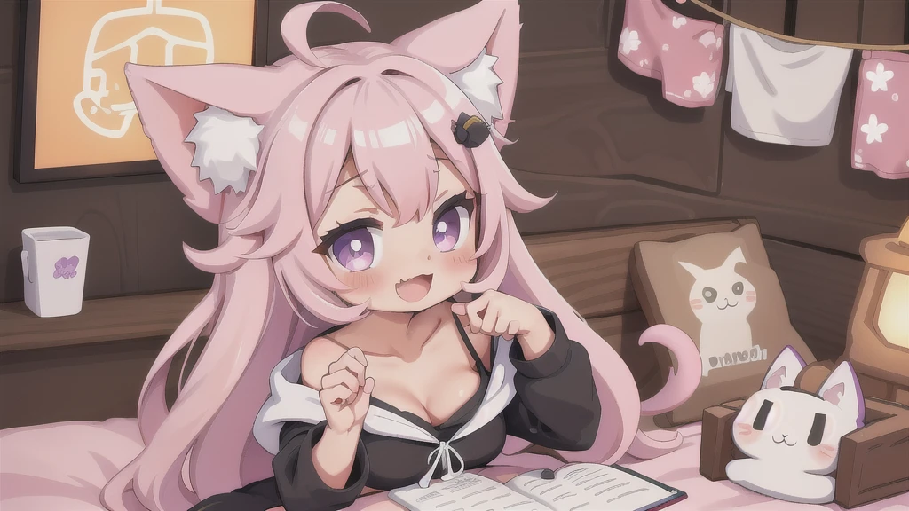 nyatasha nyanners, masterpiece, best quality, 1girl, virtual youtuber, animal ears, cat ears, pink hair, purple eyes, long hair, paw pose, cat hair ornament, solo, ahoge, looking at viewer, smile, blush, animal ear fluff, open mouth, jacket, fang, camisole, cleavage, medium breasts, hair ornament, cat print, off shoulder, bare shoulders, :3, collarbone, cat girl, hoodie, hood, :d, very long hair, skin fang, upper body, bangs,