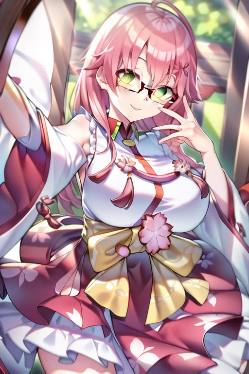 (One girl), sakura miko,(Pink Hair:1.1), (Braiding:1.1), (Glasses), (Green Eyes), (smile), (Large Breasts), (Intricate iris detail), (Selfie)