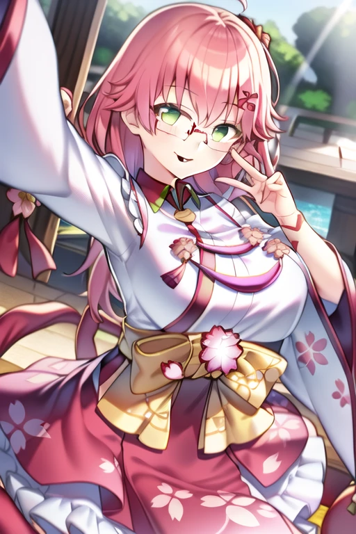 (One girl), sakura miko,(Pink Hair:1.1), (Braiding:1.1), (Glasses), (Green Eyes), (smile), (Large Breasts), (Intricate iris detail), (Selfie)