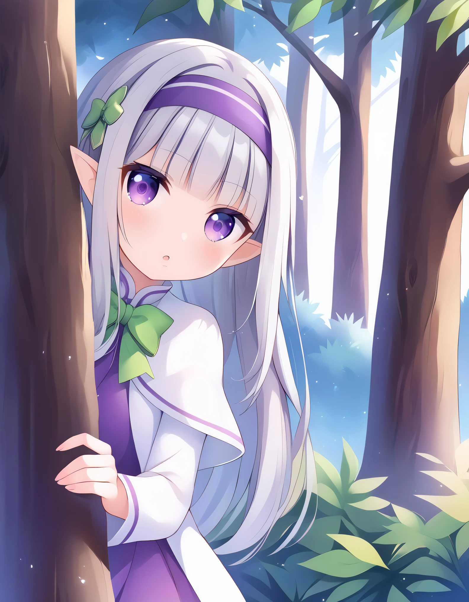 1girl, forest, peeking out upper body, behind tree, purple eyes, hairband, long hair, grey hair, pointy ears, blunt bangs, white capelet, purple dress, green bow, long sleeves, score_9, score_8_up, score_7_up, source_anime, 