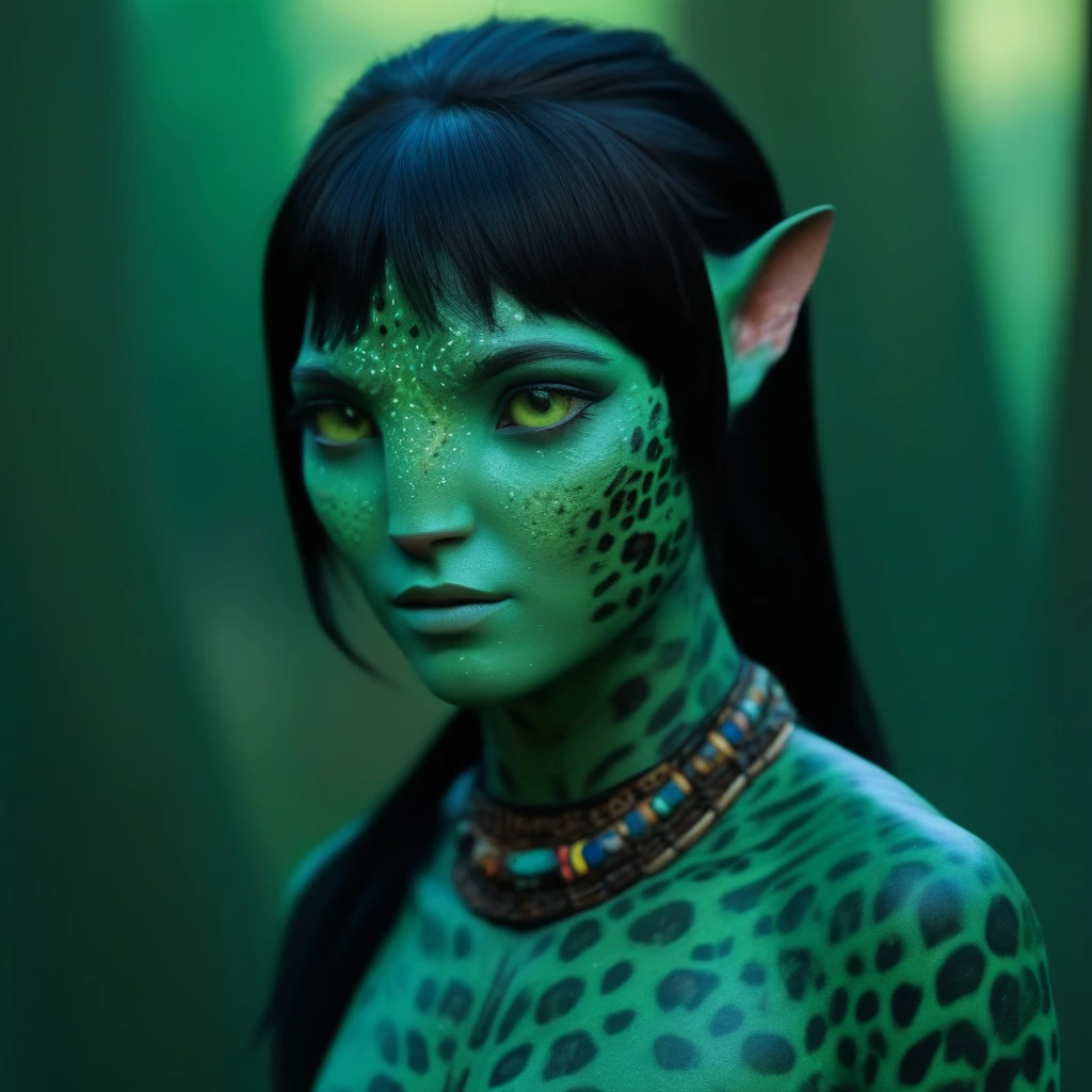 (face portrait), na'vi, female, (green eyes), ((big detailed alien eyes)), ((eyebrowless)), (green skin tone), (straight hair), black hair color, ((short hair)), (hair with bangs), (young adult), 18 years old, face wrinkles, ((wearing tribal clothing)), (wearing tribal acessories), detailed eyes, ((leopard spots all over skin)), toned body, muscled body, ethereal atmosphere, surrealistic dreamy lighting, textured skin, otherworldly beauty, mesmerizing photography, (best quality, highres), vivid colors, ultrarealistic, skin details, sfw, face close-up,ultradetailed body, (aqua green skin), dark background, swamp forest background