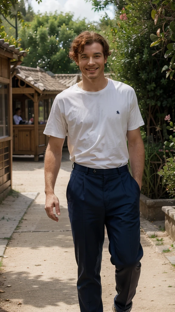 france man, red curly hair, walking in the zoo, wearing shirt and trousers, smile, view in the zoo