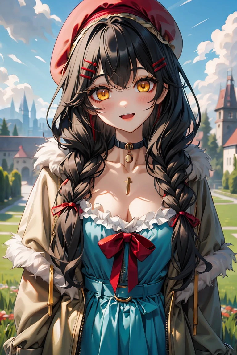 (masterpiece:1.2), (high quality:1.2), girls with((1girl, solo, black hair, yellow eyes, smiling, (wavy long hair, wearing a red beret, hairclips, braids:1.45), blush, breasts, choker, cleavage, coat, cowboy shot, navy lace dress, camisole, ribbon waist belt, black ribbon belt, red bow, red ribbon, neck ribbon, collar, collarbone, rosary, rosary choker, cross, fur, fur trim, parka, khaki hoodie, green hoodie, khaki jacket, hood down, hooded coat, hooded jacket, hoodie, jacket, large breasts, long sleeves, medium breasts, open clothes, open coat,open hoodie, sleeveless, winter clothes, zipper, cleavage, upper body, hand up, waving, palm)), background with((architecture, blue sky, bush, castle, village, no humans, cloud, cloudy sky, day, field, garden, grass, hill, house, lamppost, landscape, mountain, mountainous horizon, nature, no humans, outdoors, scenery, shrine, sky))