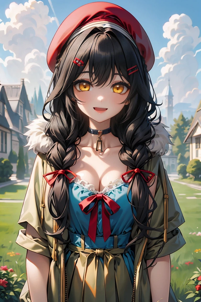 (masterpiece:1.2), (high quality:1.2), girls with((1girl, solo, black hair, yellow eyes, smiling, (wavy long hair, wearing a red beret, hairclips, braids:1.45), blush, breasts, choker, cleavage, coat, cowboy shot, navy lace dress, camisole, ribbon waist belt, black ribbon belt, red bow, red ribbon, neck ribbon, collar, collarbone, rosary, rosary choker, cross, fur, fur trim, parka, khaki hoodie, green hoodie, khaki jacket, hood down, hooded coat, hooded jacket, hoodie, jacket, large breasts, long sleeves, medium breasts, open clothes, open coat,open hoodie, sleeveless, winter clothes, zipper, cleavage, upper body, hand up, waving, palm)), background with((architecture, blue sky, bush, castle, village, no humans, cloud, cloudy sky, day, field, garden, grass, hill, house, lamppost, landscape, mountain, mountainous horizon, nature, no humans, outdoors, scenery, shrine, sky))