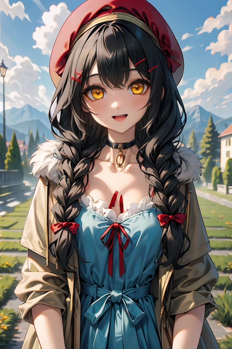 (masterpiece:1.2), (high quality:1.2), girls with((1girl, solo, black hair, yellow eyes, smiling, (wavy long hair, wearing a red beret, hairclips, braids:1.45), blush, breasts, choker, cleavage, coat, cowboy shot, navy lace dress, camisole, ribbon waist belt, black ribbon belt, red bow, red ribbon, neck ribbon, collar, collarbone, rosary, rosary choker, cross, fur, fur trim, parka, khaki hoodie, green hoodie, khaki jacket, hood down, hooded coat, hooded jacket, hoodie, jacket, large breasts, long sleeves, medium breasts, open clothes, open coat,open hoodie, sleeveless, winter clothes, zipper, cleavage, upper body, hand up, waving, palm)), background with((architecture, blue sky, bush, castle, village, no humans, cloud, cloudy sky, day, field, garden, grass, hill, house, lamppost, landscape, mountain, mountainous horizon, nature, no humans, outdoors, scenery, shrine, sky))