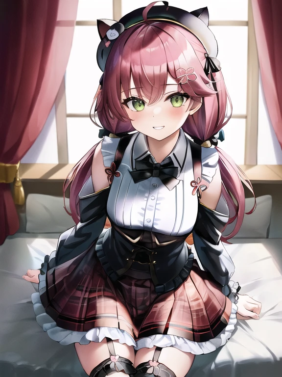 (masterpiece:1.3), (Absurd:1.3), (Highest quality:1.3), (Very detailed:1.3),(Best Shadow:0.7), (Processed Hair), (Sharp eyeliner, eye shadow, Detailed eyes:1.1), Perfect Anatomy, Break 1 Girl, alone,  Miko 2, sakura miko, Large Breasts, Grin, Green Eyes, Long Hair, Ahoge, Black Hat, hair ornaments, White shirt, Black knee socks, Pink Hair, Red Skirt, Checked skirt, Garter Straps, Collared shirt, Hair Clip, Frills, bangs, Hair between the eyes, Animal hats, Frillsスカート, beret, Pleated skirt, Hair Flower, Low twin tails, Neck bell, Cat hat, Medium chest, Fluffy long sleeves, Black Bow, Underbust, Leaning forward, Upper Body