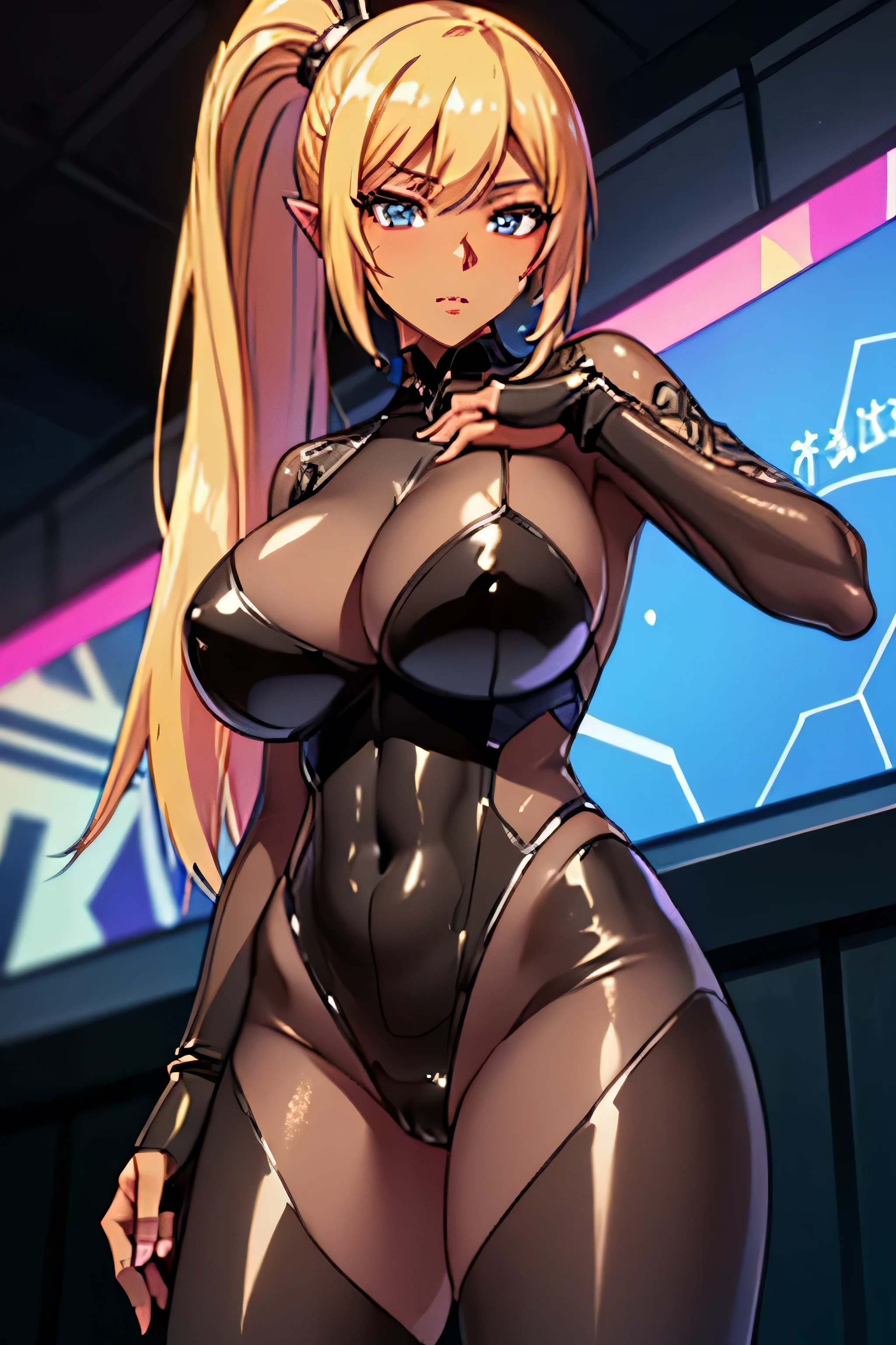 ((((Ultra-detailed,masterpiece,Highest quality)))),NSFW,(Audience Chamber:1.3),(((Blonde side ponytail long hair,Pointy Ears:1.1))),(Red Eye:0.6),(((Dark Skin:1.5))),(Huge :1.2),(model:1.1),(Moderate),(Tattoo),(Collar with chain),(Natural Makeup),(Shiny clothes,Shiny body),(Ecstasy(Five Fingers)),(((See-through black Taimanin suit:1.5))), (Shiny clothes:0.8),(Tattoo:1.1),(vapor:1.1),(Detailed fingers),Cowboy Shot, (smile:0.5), (blush:0.9),((Beautiful fingers)),(Hide your hands behind your head)