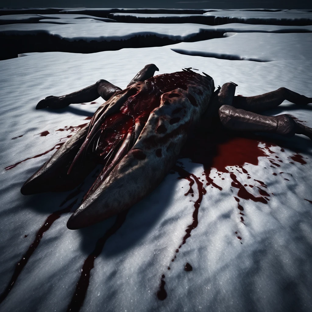 Horror-themed, Chiaroscuro Lighting Style A different unique picture of a dead animal on the ground with blood on it, horror movie themed, sharp, detailed, artistic, creative, dramatic light, cinematic style, film style, horror style, weapon, indoors, blurry, gun, blood, ground vehicle, blood splatter, death, horror (theme), corpse, no humans, snow, footprints , Eerie, unsettling, dark, spooky, suspenseful, grim, highly detailed