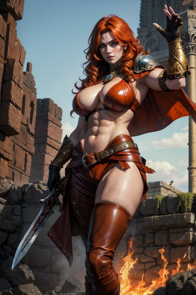 Beautiful barbarian warrior redhead orange curly hair muscular body perfect breasts leather pant armor leather cape with fluff edge holding large sword detailed face would cheekbones blushing rendered image posing heroically 