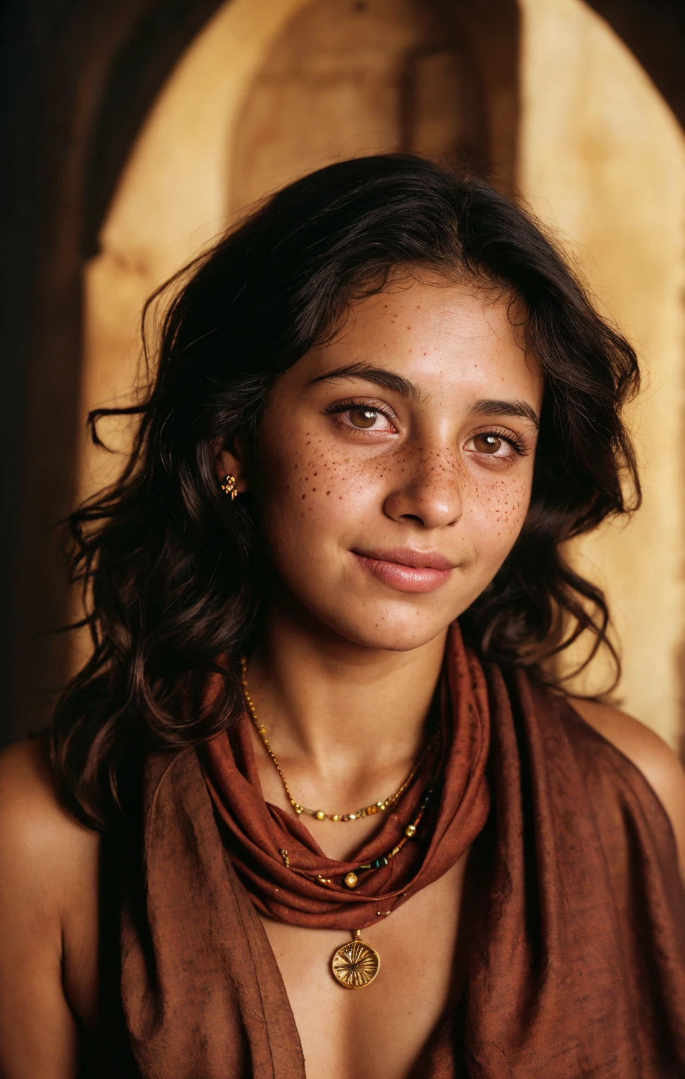 (Close-up, editorial photograph of a 18 year old woman), (highly detailed face:1.4) (smile:0.7) (background inside dark, moody, private study:1.3) POV, by lee jeffries, nikon d850, film stock photograph ,4 kodak portra 400 ,camera f1.6 lens ,rich colors, hyper realistic ,lifelike texture, dramatic lighting , cinestill 800, wavy hair, messy hair, Mischievous smirk, Black hair, freckles, Brown Eyes, jewels, necklace, Arabic Black Cloak, Arabic Red Wine Scarf, Astral Plane, Black Round Sunglasses, Sun, Sand, Desert, Arabian expressions, Egyptian woman, Arabian skin, Golden Aura, shadow queen