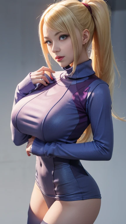 Samus has large breasts and a cute face and she is wearing a virgin destroyer sweater