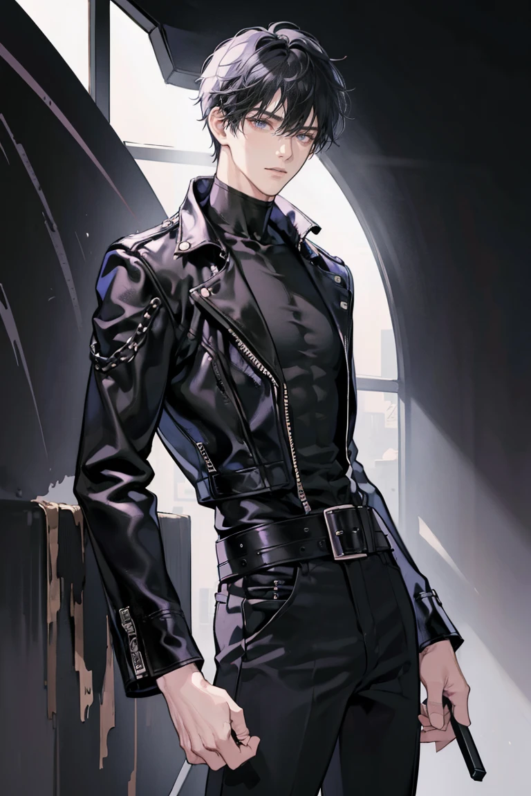 Adult man, short black hair, blue eyes, cat ears, leather cloak uncovered, night city, rain, smirk, masterpiece, high quality