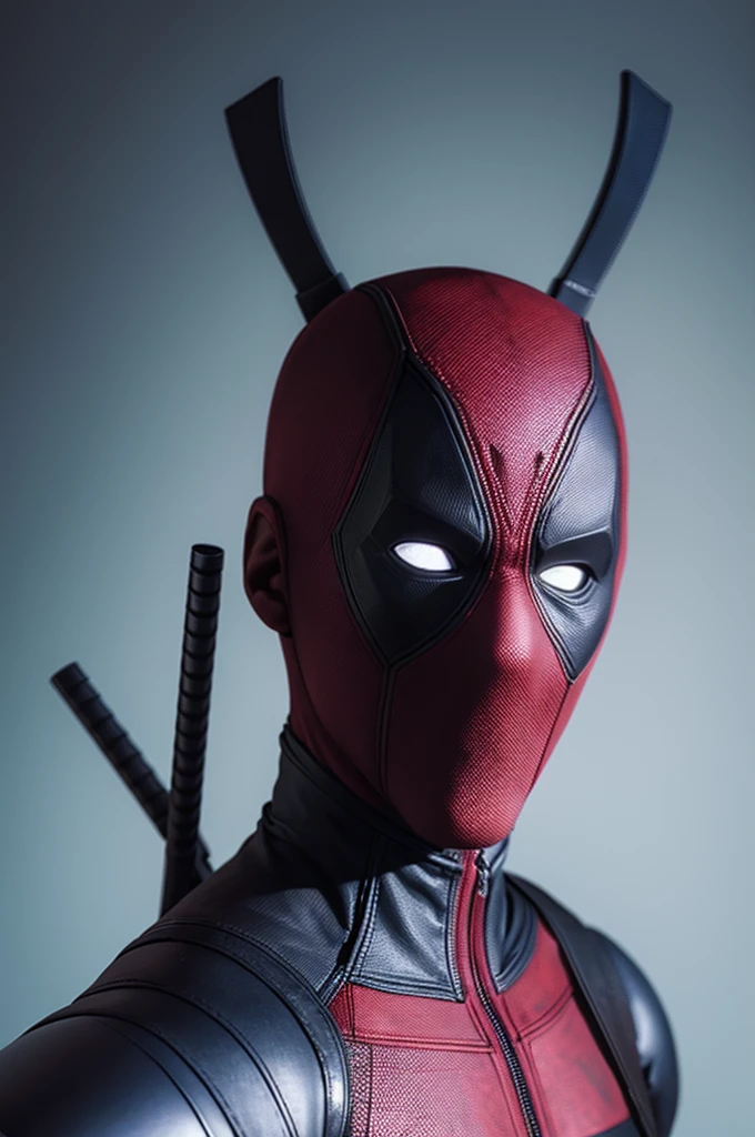 super realistic portrait of Deadpool taking a selfie photo with a plain background, illuminated by daylight
