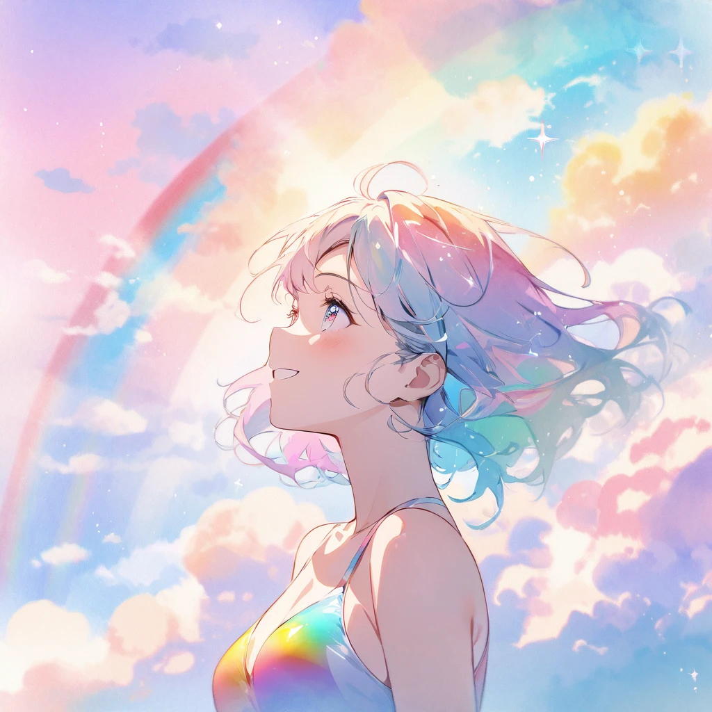 Top quality, masterpiece, pastel colored background, watercolor style, woman, rainbow colored hair, rainbow colored eyes, Rainbow colored swimsuit,rainbow colored leotard, rainbow colored clouds, sparkling sea, with a smile look up at the sky,Double Exposure