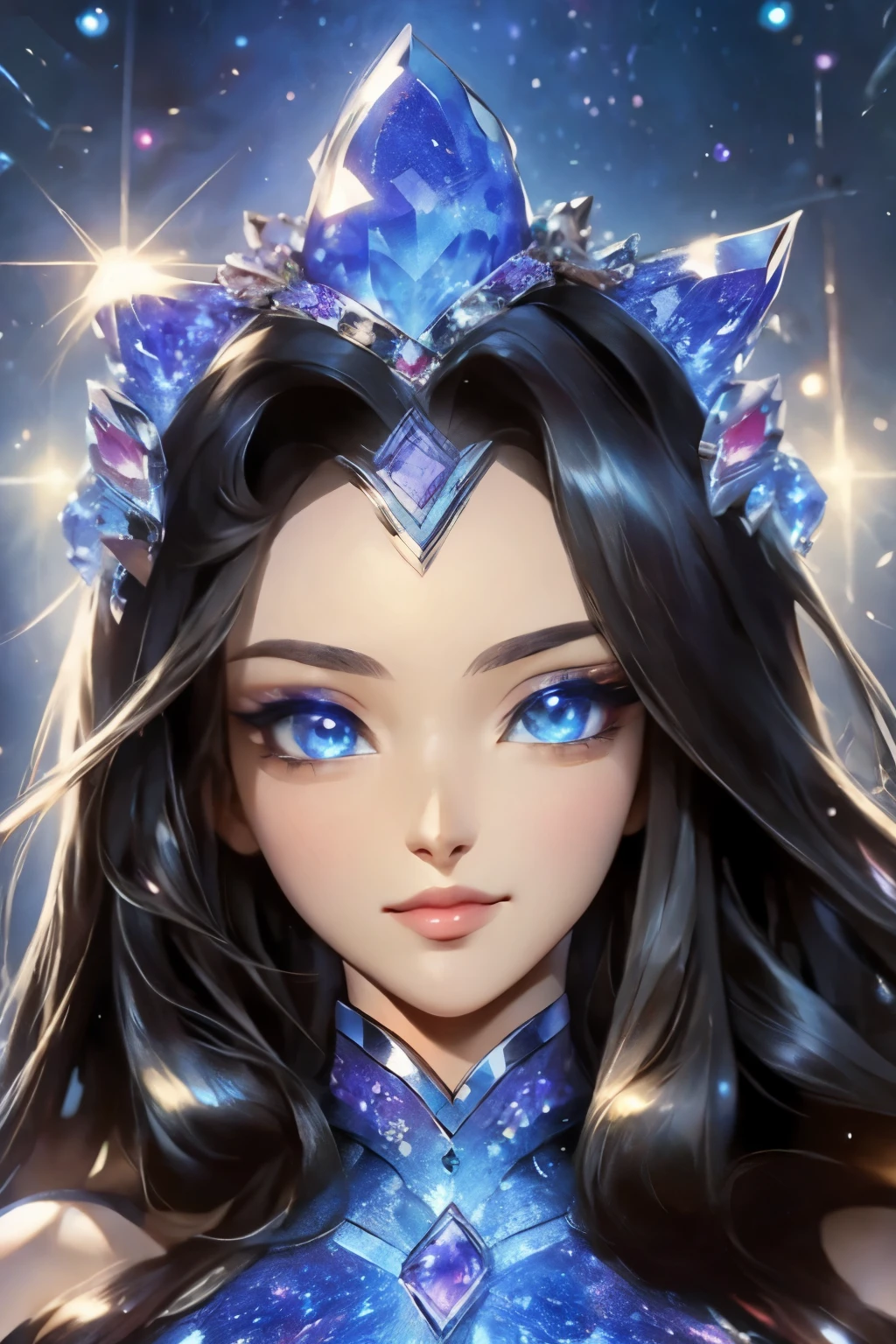 ((best quality)), ((masterpiece)), (detailed), detailed gemstone eyes that holds and reflects galaxies, super close-up eyes and forehead image, pupils are a white star, well-proportioned detailed crystal eyes