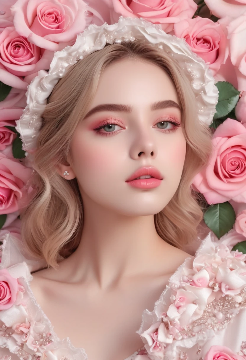 (masterpiece),(Highest image quality),top quality,(extremely detailed),4K,(8K),super detailed,1 girl,solo,Fuller lips、Pink Roses,Fashion magazine cover,Seamless patterns、Neutral pastel colors,Mysterious off-white world,Cloth Art、Art Station、A variety of detailed pastel designs combining magic and fantasy、Splash、Wallpaper design aesthetics、White Tone、Realistic、super Realistic、Full color and impressive