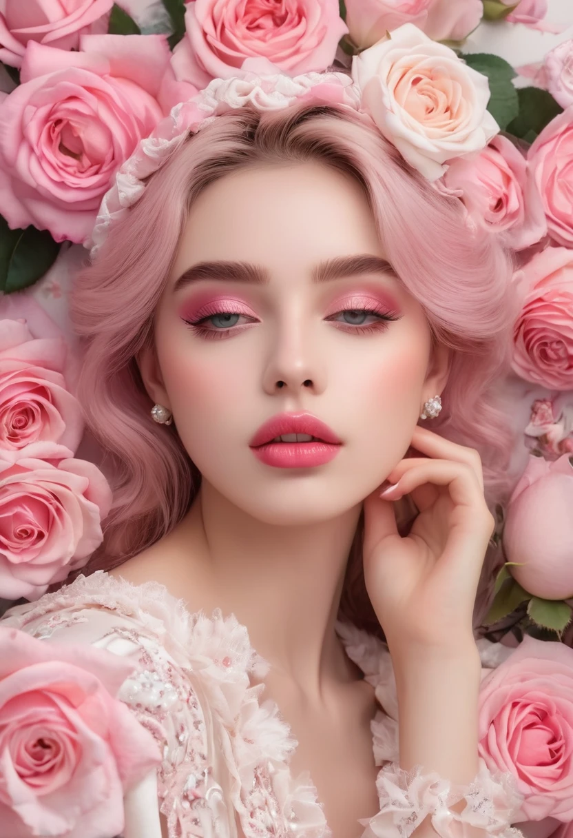 (masterpiece),(Highest image quality),top quality,(extremely detailed),4K,(8K),super detailed,1 girl,solo,Fuller lips、Pink Roses,Fashion magazine cover,Seamless patterns、Neutral pastel colors,Mysterious off-white world,Cloth Art、Art Station、A variety of detailed pastel designs combining magic and fantasy、Splash、Wallpaper design aesthetics、White Tone、Realistic、super Realistic、Full color and impressive