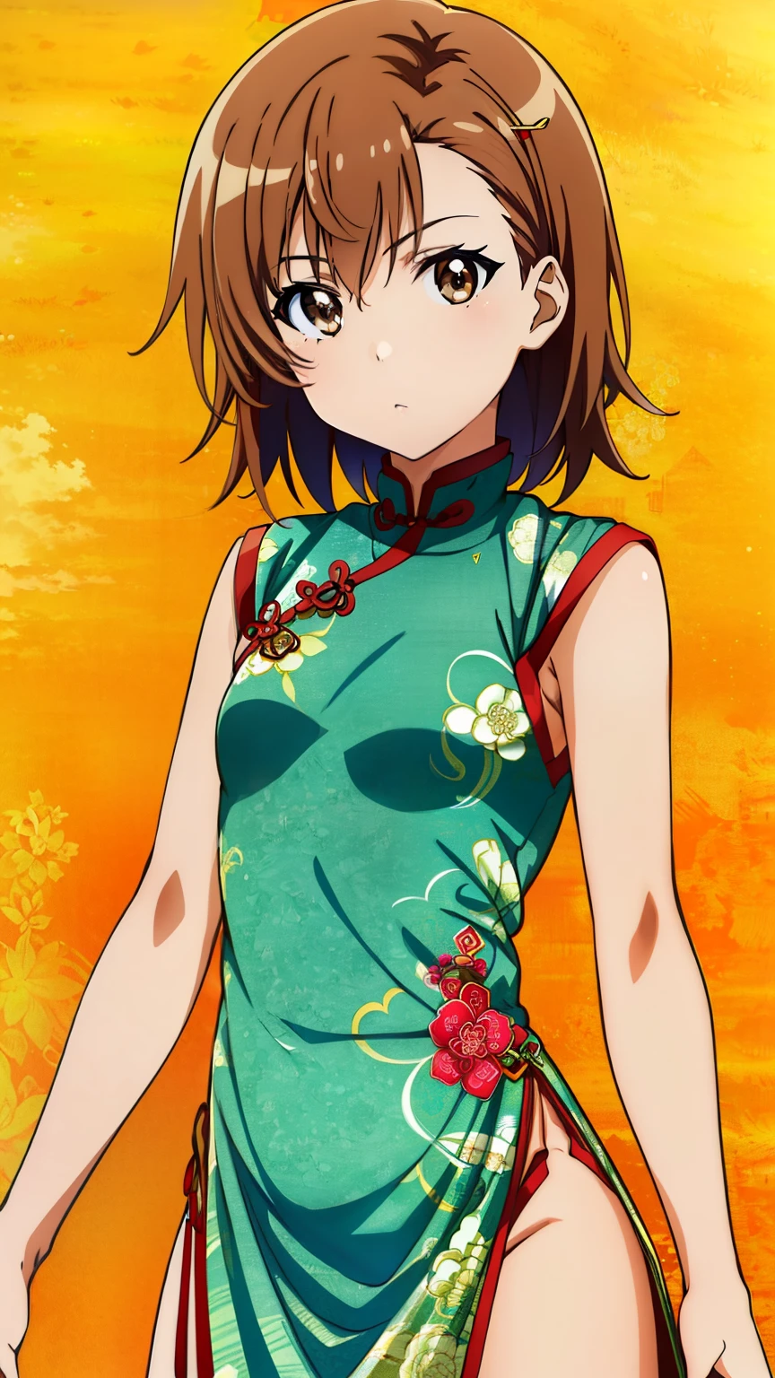 (masterpiece, best quality, 8k:1.2),Very detailed, (anime:1.1), misaka_mikoto, brown hair, short hair, hairpin, small medium breasts, 1girl, (China dress), cowboy shot, looking at viewer,